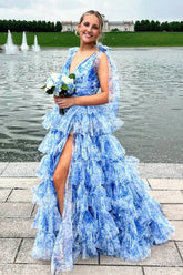 Blue Floral Printed V-neck A-Line Tiered Long Prom Dress with Slit